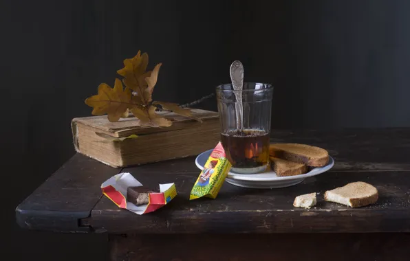 Glass, table, tea, plate, candy, spoon, the tea party, book
