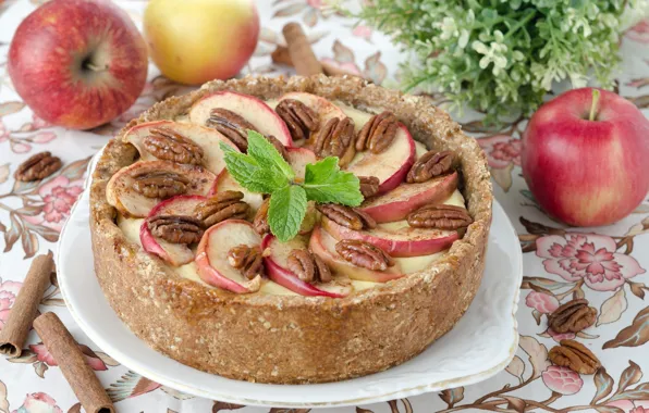 Apples, food, plate, pie, cake, nuts, cinnamon, mint
