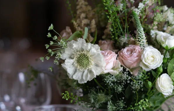 Greens, flowers, background, roses, bouquet, white, different, composition