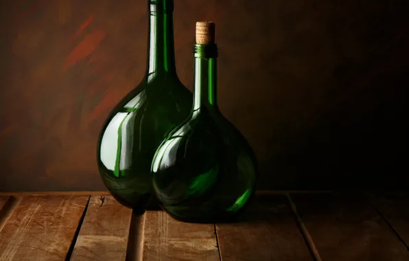 Picture glass, two, bottle, Two green bottles