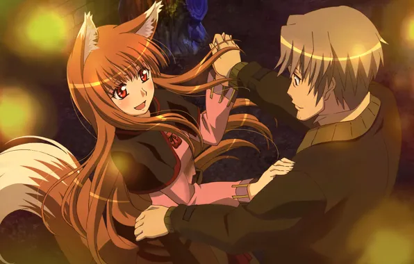 Picture girl, joy, lights, dance, the evening, tail, male, spice and wolf