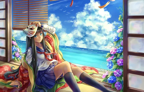 Sea, girl, clouds, flowers, seagulls, mask, art, fabric