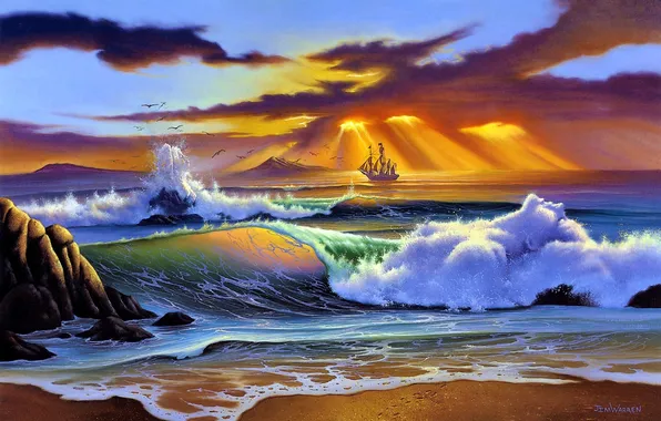 Picture sea, sunset, painting, Jim Warren