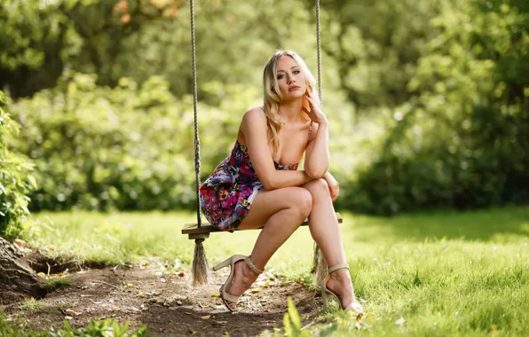 Picture girl, sexy, swing, blonde, legs, bokeh, sandals, knees