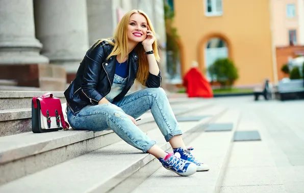 Picture girl, model, leather, jeans, cute, jacket, sneakers