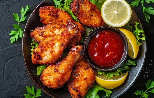 Greens, Board, meat, bowl, lemons, ketchup, fried chicken, chicken drumsticks