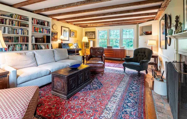 Design, interior, fireplace, library, piano, retro style, living room, Mid century modern style