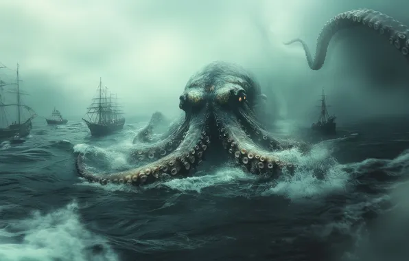 Sea, Sailboats, Ships, Digital art, Sea monster, AI art, The Art of Artificial Intelligence, Neural …