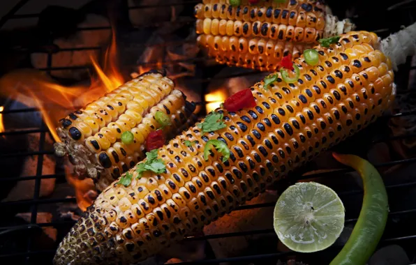 Corn, lime, pepper, grill