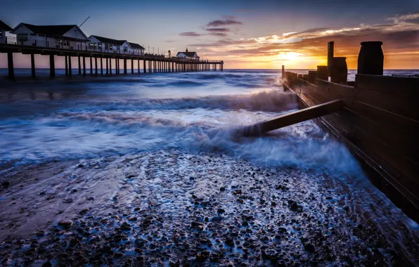 Picture wave, beach, the sky, the sun, clouds, sunrise, stones, shore