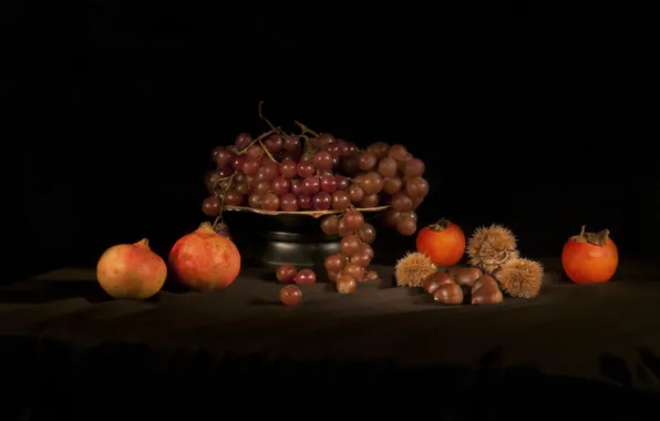 Grapes, still life, grenades, chestnuts, persimmon