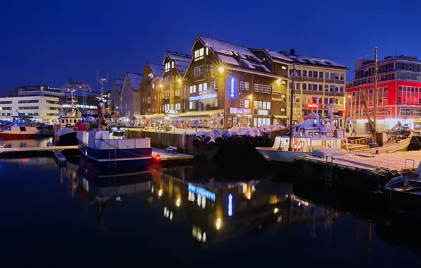 Winter, snow, night, lights, home, pier, Norway, lights
