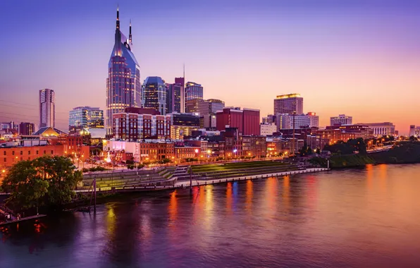 City, lights, twilight, river, sunset, water, evening, houses