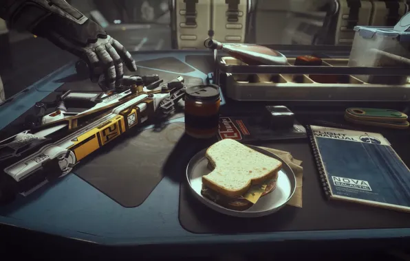 Table, interior, machine, Notepad, sandwich, rifle, Starfield