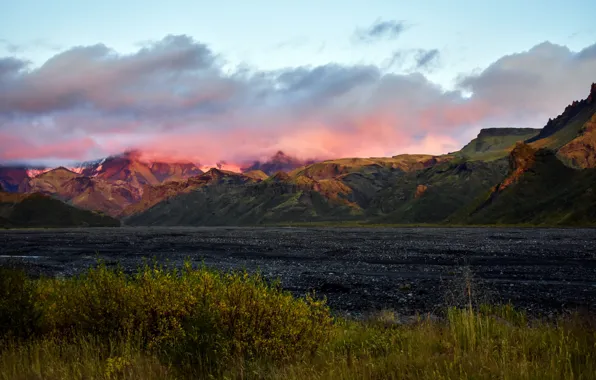 Picture grass, clouds, mountains, Iceland, Iceland, Glacier Wetlands Park, Sunset Myrdal, Sunset Myrdal