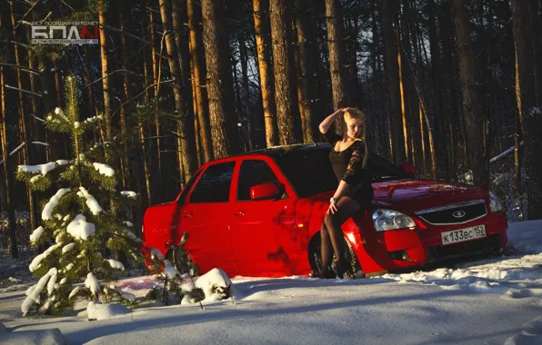 Winter, machine, auto, girl, snow, red, auto, LADA
