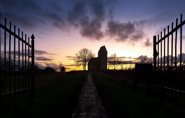Sunset, house, gate