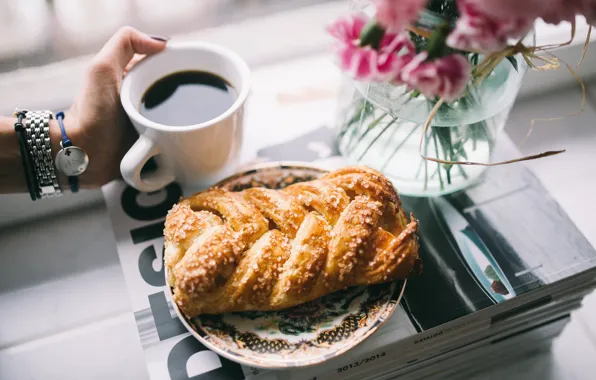 Flowers, coffee, Breakfast, journal, cakes, buns