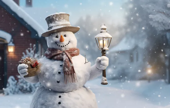 Winter, snow, snowflakes, tree, New Year, Christmas, snowman, happy