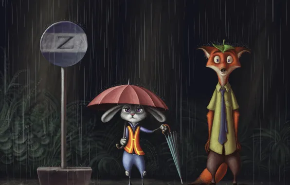 Rain, sign, umbrella, stop, Nick Wild, zootopia, Judy Hopps