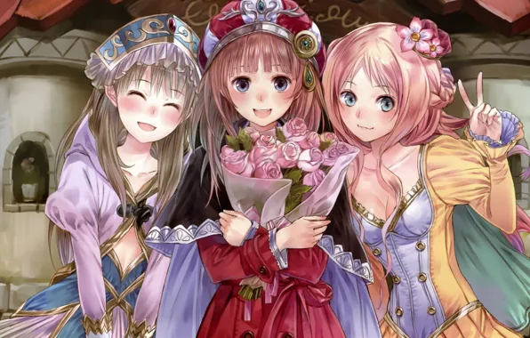 Hat, costume, gesture, smile, art, flower in hair, three girls, visual novel