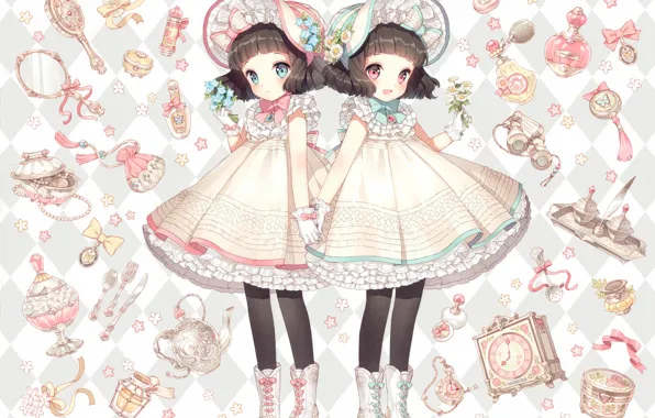 Flowers, watch, chamomile, perfume, mirror, binoculars, gloves, boots