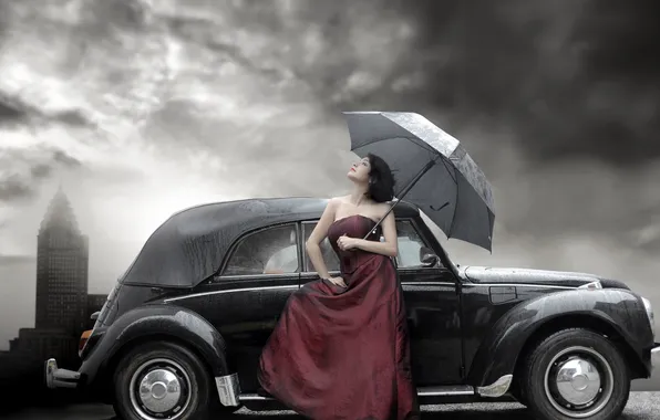 Picture auto, girl, retro, rain, umbrella, dress