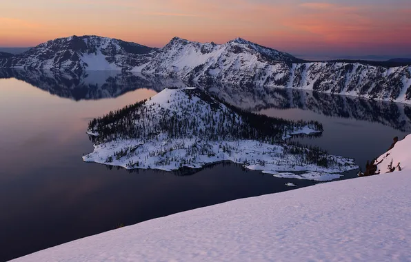 Winter, snow, trees, sunset, lake, island, crater