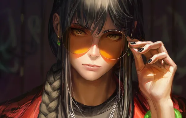 Hand, earrings, braid, long hair, glasses, bangs, portrait of a girl, looks you in the …