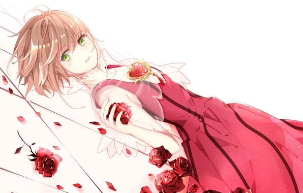 Girl, roses, anime, art, Card Captor Sakura, Sakura - collector cards