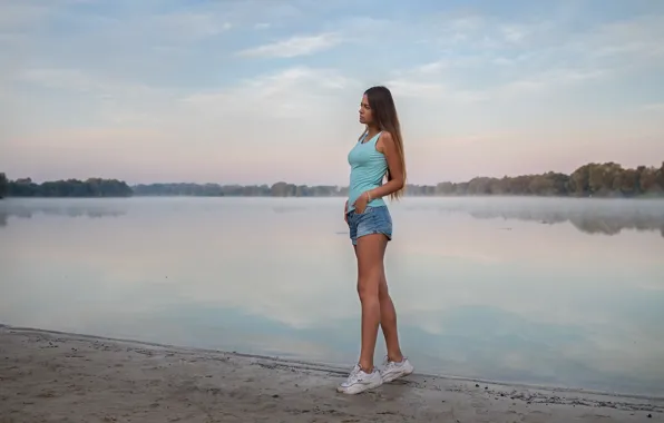 Picture ass, look, water, pose, shorts, Girl, hands, legs