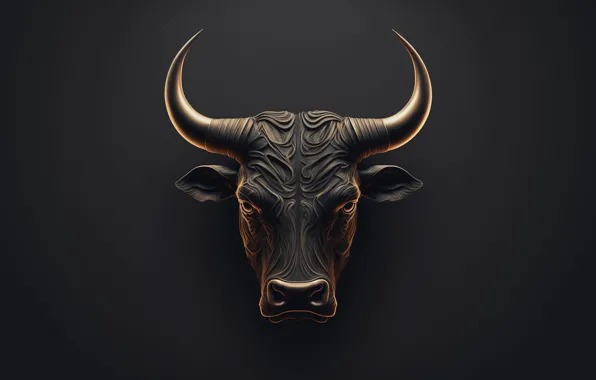 Picture the dark background, head, horns, bull, AI art