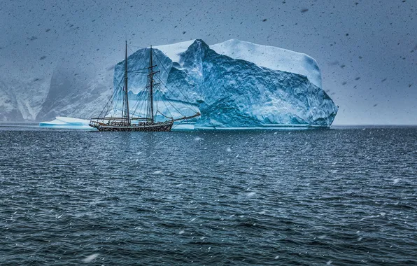 Snow, the ocean, sailboat, iceberg, Greenland, Schooner Opal