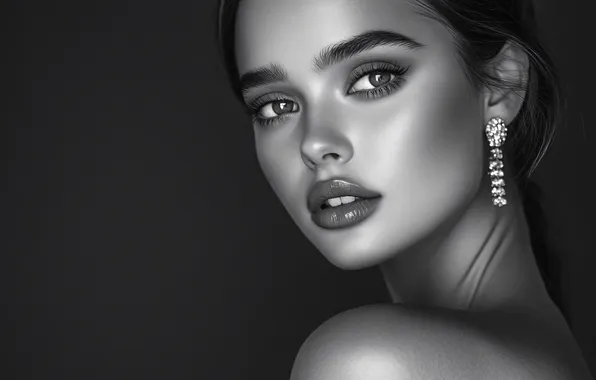 Look, girl, face, pose, portrait, monochrome, black and white photo, AI art