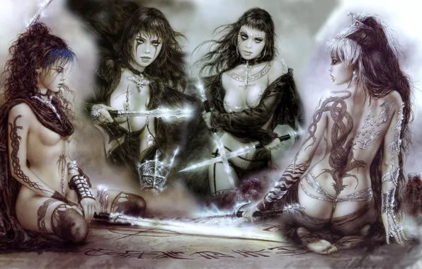 Girls, collage, tattoo, swords, Luis Royo, daggers