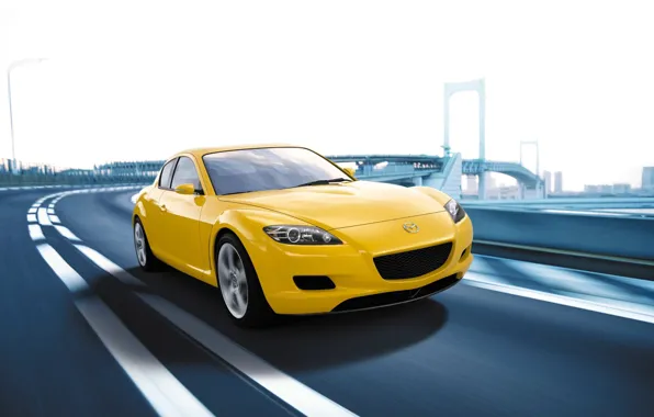 Picture Auto, Road, The city, Speed, Yellow, Mazda, Mazda RX 8