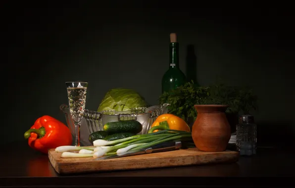 Greens, table, wine, glass, bottle, bow, pepper, still life