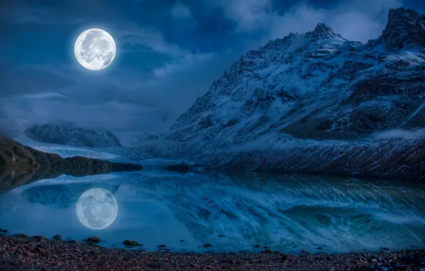 The sky, water, clouds, snow, mountains, night, lake, reflection