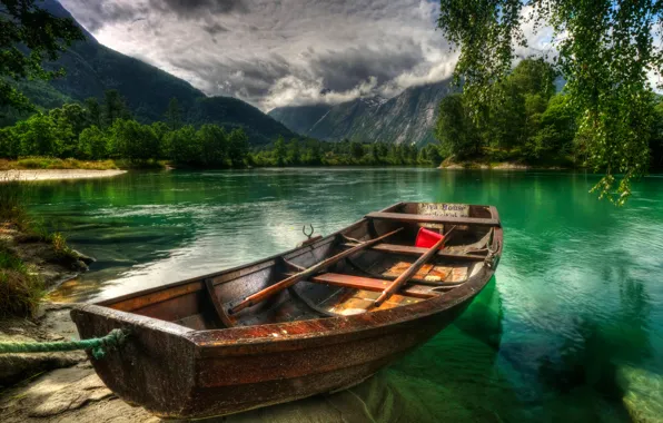 The sky, trees, mountains, river, boat, HDR, Norway, rauma
