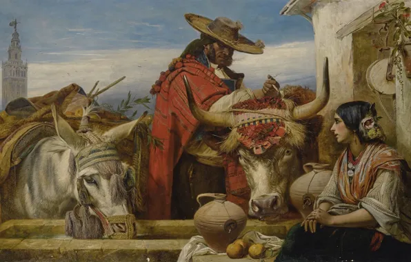 Picture Seville, 1860, Seville, Richard Ansdell, British painter, British painter, Richard Ansdell, Market Square