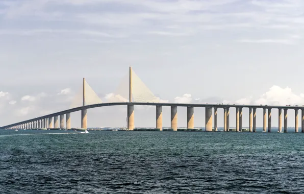 Water, bridge, blue, boat, cloud, FL, Bay, USA