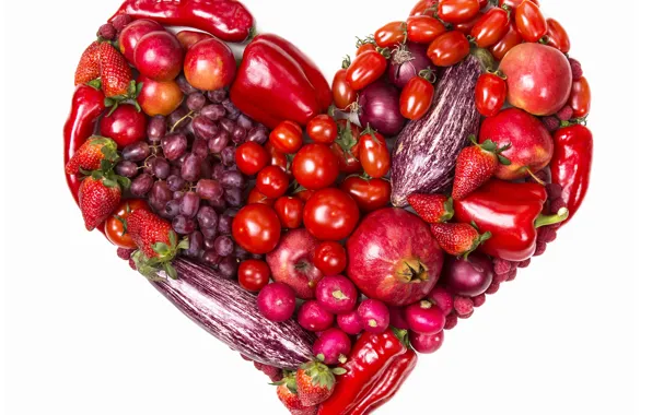 Raspberry, apples, heart, strawberry, grapes, pepper, fruit, vegetables