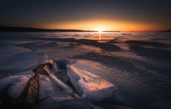 Winter, sunset, river