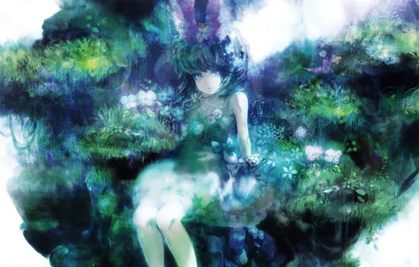 Picture trees, flowers, anime, art, girl, bow, ears, nishimura sui