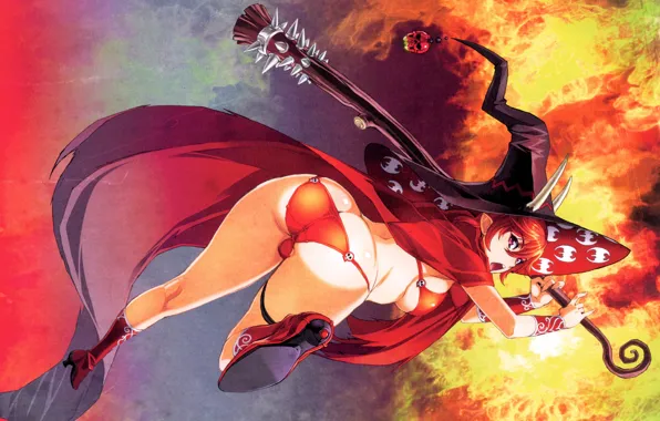Staff, witch, bikini, halloween, rear view, red coat, club, witch