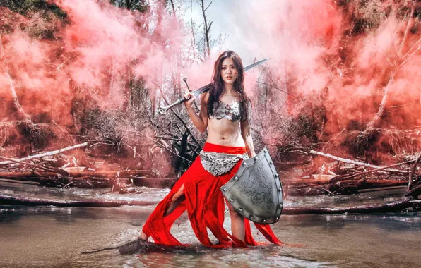 Picture girl, sword, shield