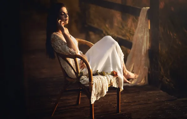 Picture girl, roses, chair