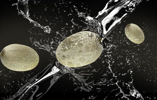 Water, drops, squirt, splash, black background, in the water, melon, dip