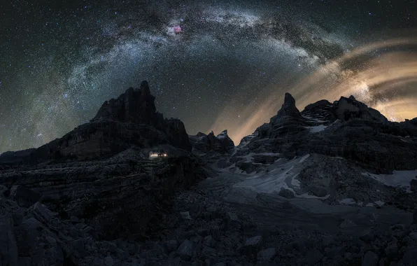 Mountains, night, stones, Alps, The milky way, house, starry sky, The Dolomites