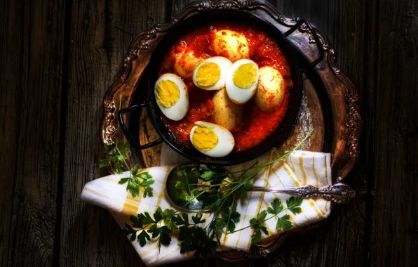 The dark background, food, eggs, dish, in tomato sauce